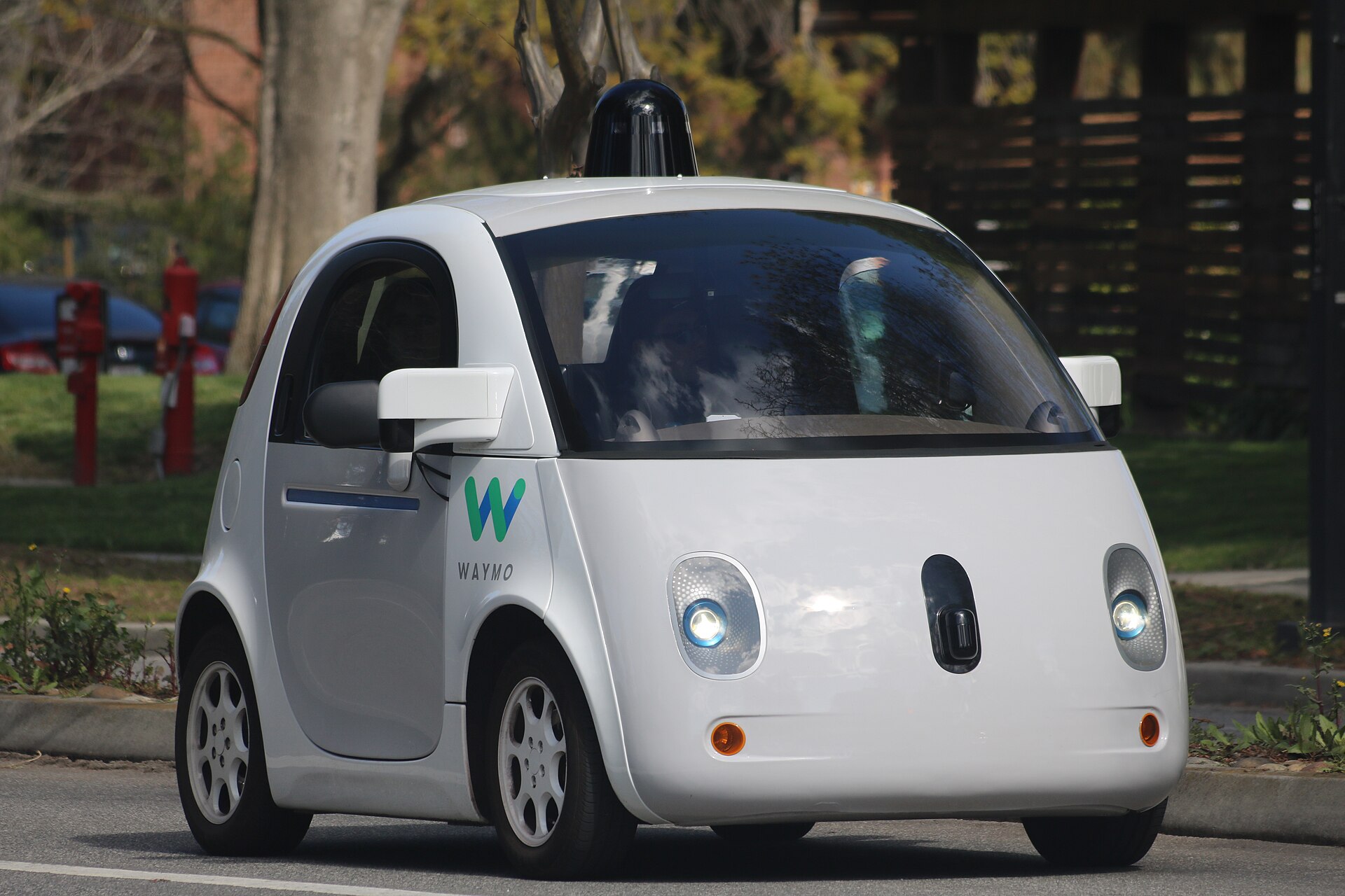 A Waymo self-driving car on the road in Mountain View. (Front view.)